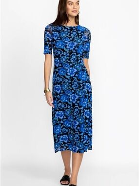 Johnny Was Blue Calanthe Mesh Midi Dress XS Floral Romantic Boho Print Sheer